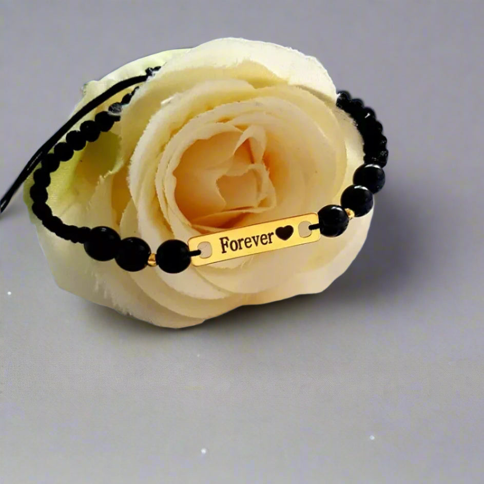 Bratara Personalizata Impletita & Margele Semipretioase Agate - Placuta 25mm Argint Placat Cu Aur 24K