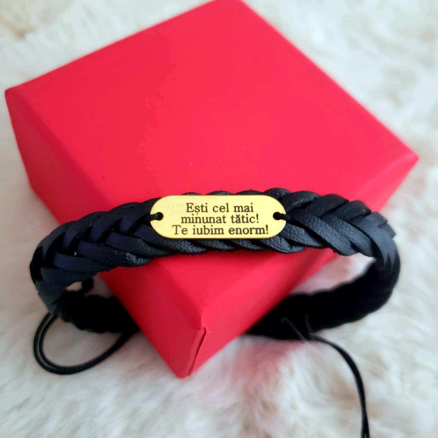 Bratara Piele Impletita Personalizata - Placuta Ovala 23 mm - Argint Placat cu Aur 24K