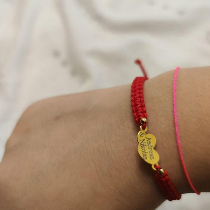 bratara personalizata pentru bebelusi cu nume din argint placat cu aur 24K doua inimioare