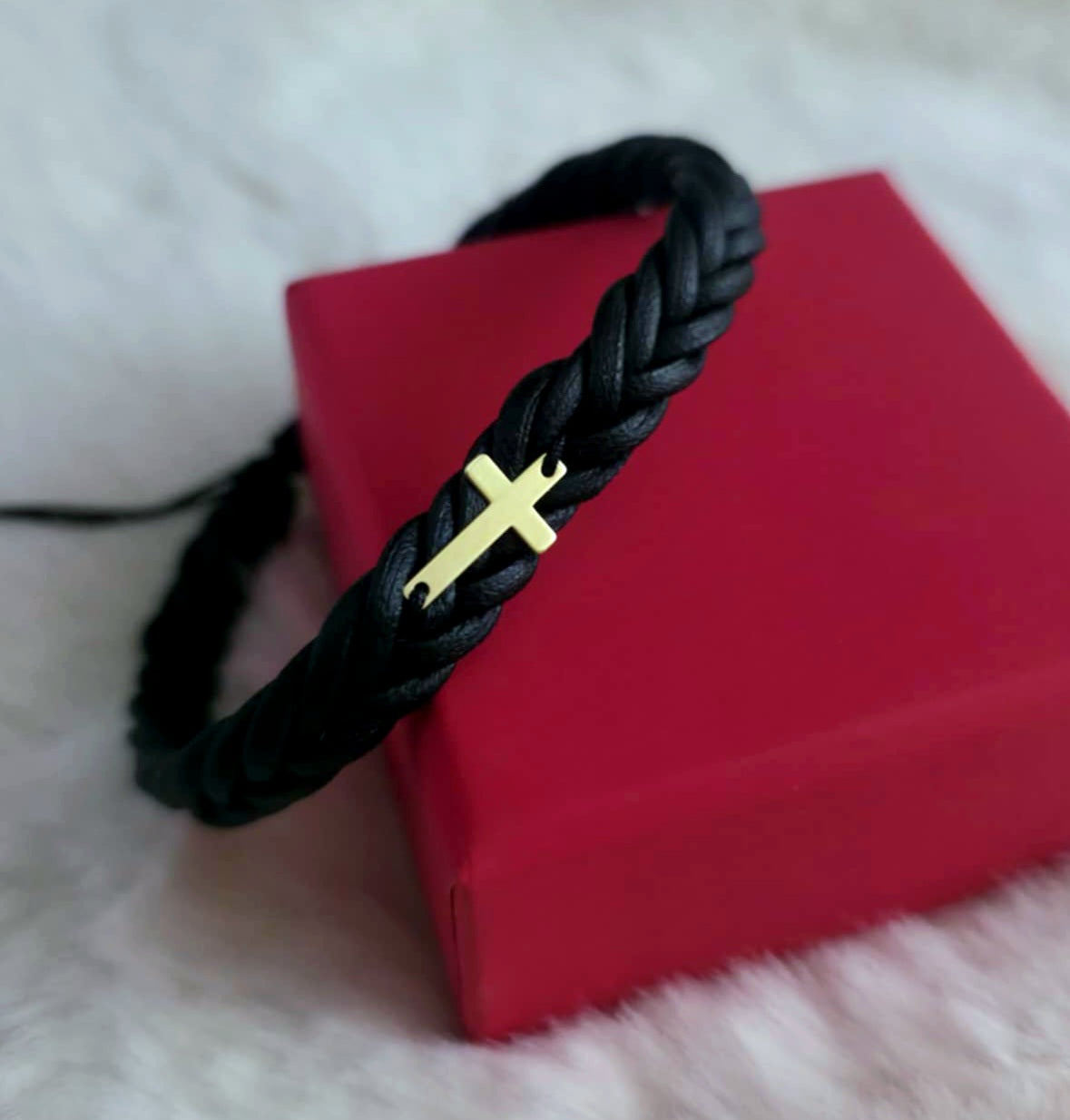 Bracciale in pelle intrecciata - "Croce" - Placcato argento con oro 24 carati