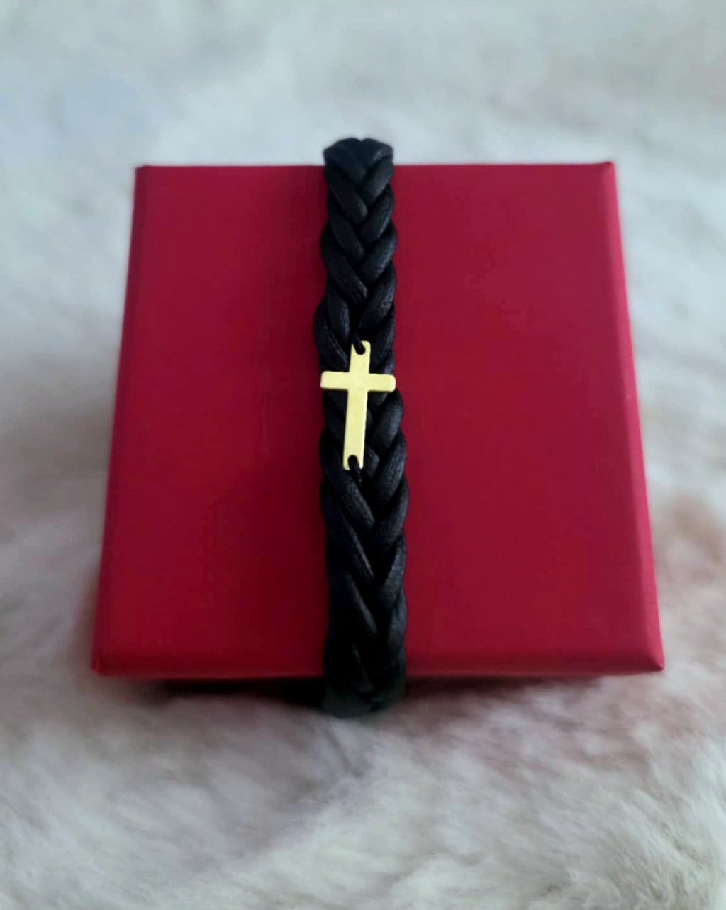 Bracciale in pelle intrecciata - "Croce" - Placcato argento con oro 24 carati