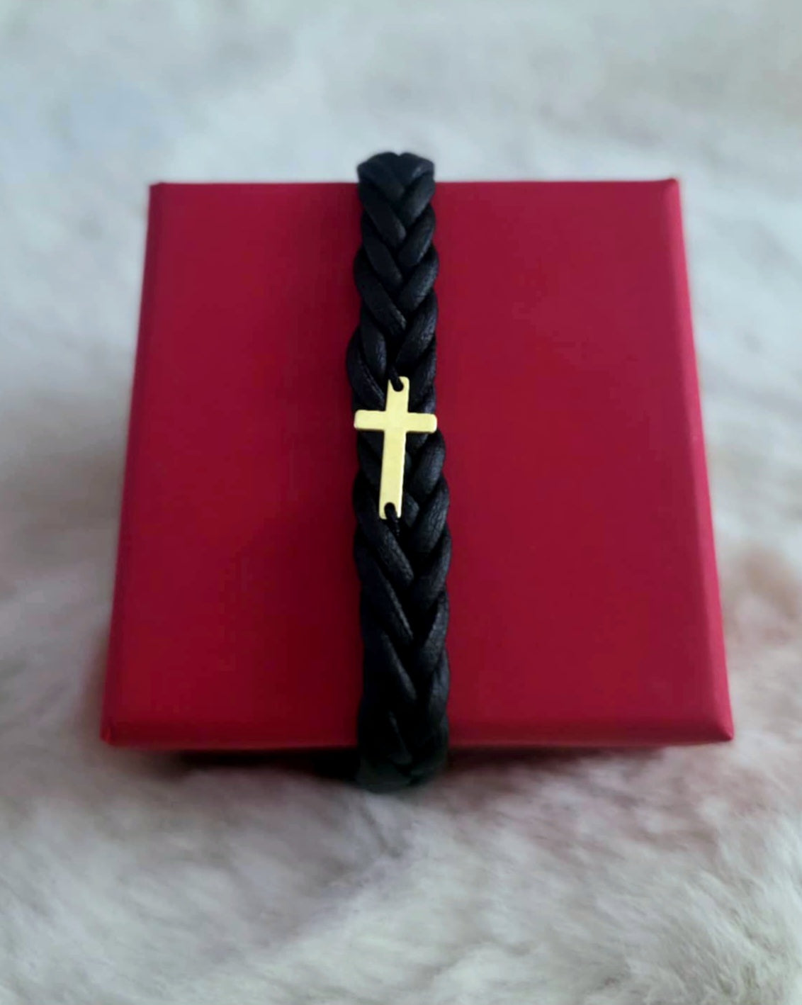 Bracciale in pelle intrecciata - "Croce" - Placcato argento con oro 24 carati