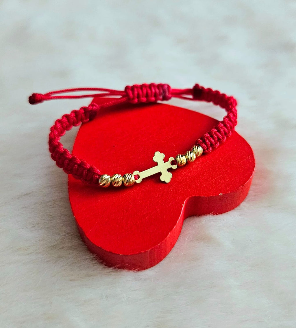 Bracciale intrecciato "Croce e palline a righe" - Argento placcato oro 24K