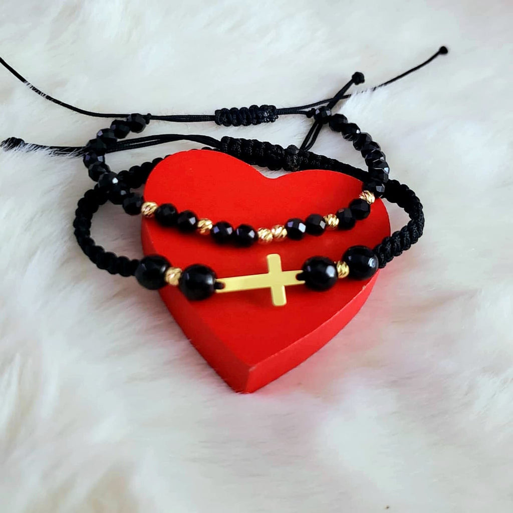 Bratara Impletita "Cruce" - Margele Semipretioase Și Biluțe Striate - Argint Placat Cu Aur 24K