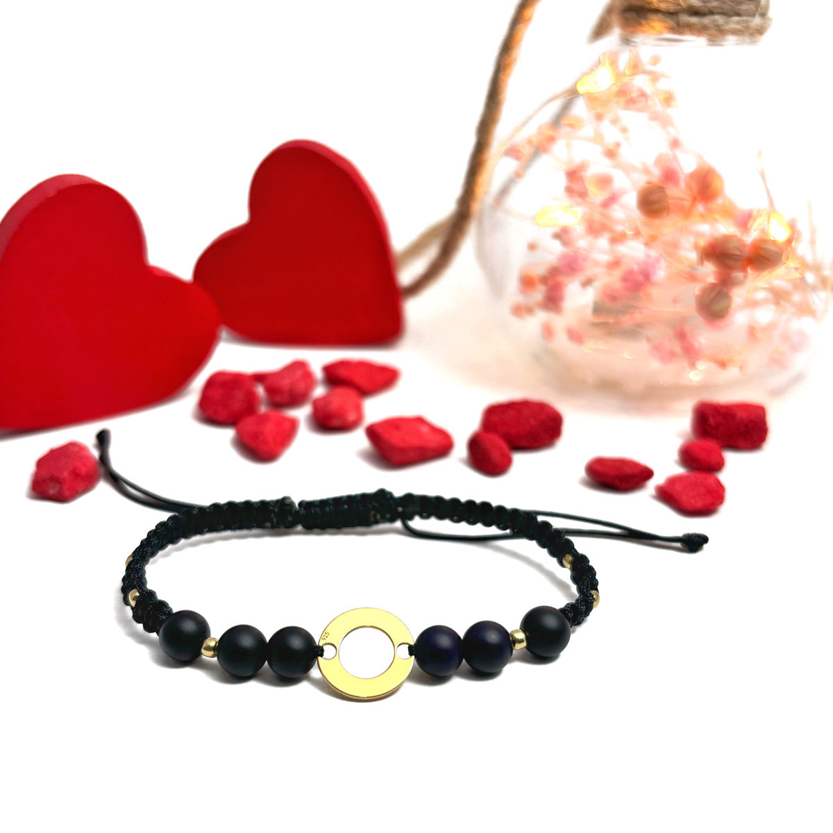 Bracciale intrecciato personalizzato e perle semipreziose di agata - Cerchio - Argento placcato oro 24 carati