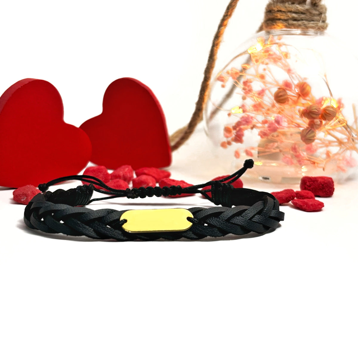 Bracciale in pelle intrecciata personalizzato - Piastra ovale 23 mm - Placcato argento con oro 24 carati