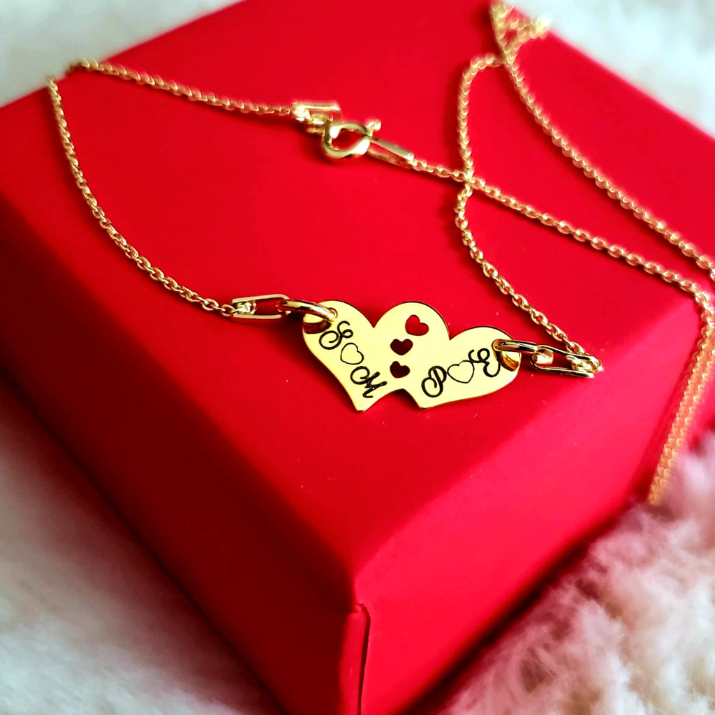 Lantisor Personalizat Argint Placat cu Aur 24K - Pandantiv Inimioare