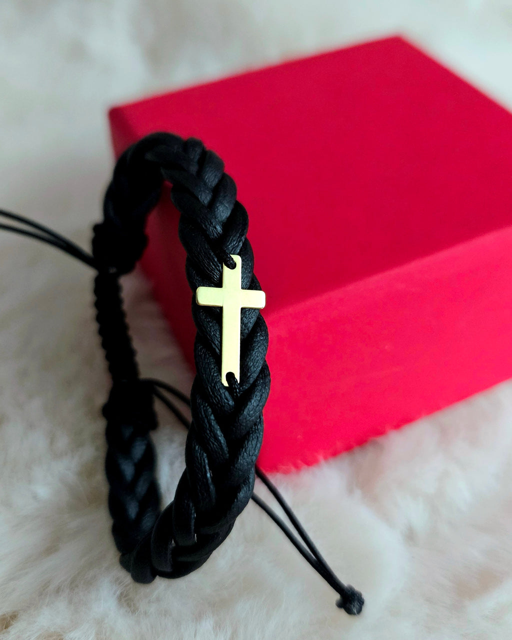 Bracciale in pelle intrecciata - "Croce" - Placcato argento con oro 24 carati