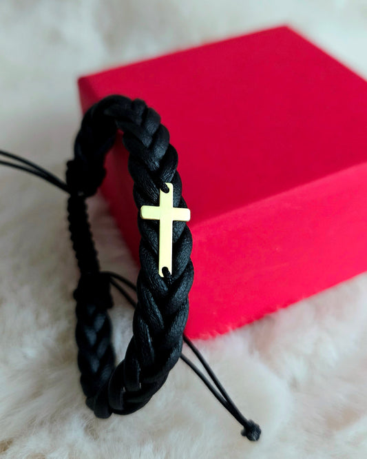Bratara Piele Impletita - "Cruce"  - Argint Placat Cu Aur 24K