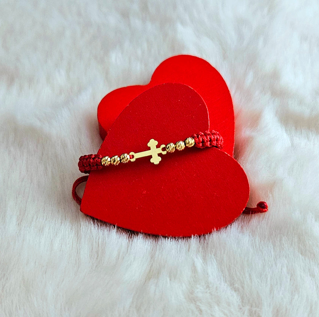 Bracciale intrecciato "Croce e palline a righe" - Argento placcato oro 24K