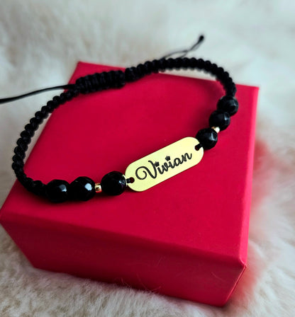 Bratara personalizata - Placuta Ovala 23mm Argint Placat Cu Aur 24K & Margele Semipretioase Agate