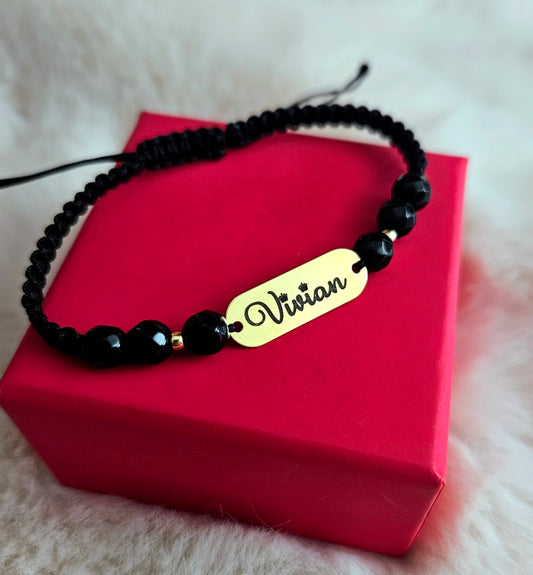 Bratara personalizata - Placuta Ovala 23mm Argint Placat Cu Aur 24K & Margele Semipretioase Agate