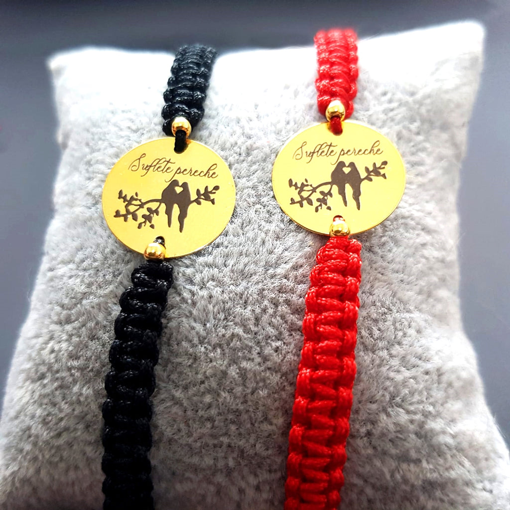 Set Bratari Impletite Personalizate Pentru Cuplu - Banut 16,50mm - "Suflete pereche" - Pandantive Argint Placat Cu Aur 24K