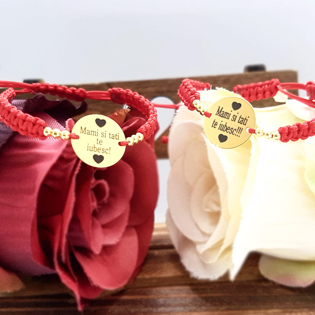 Set Bratari Impletite Personalizate Pentru Cuplu - Banut 16,50mm - "Ne-am iubit intentionat" - Pandantive Argint Placat Cu Aur 24K