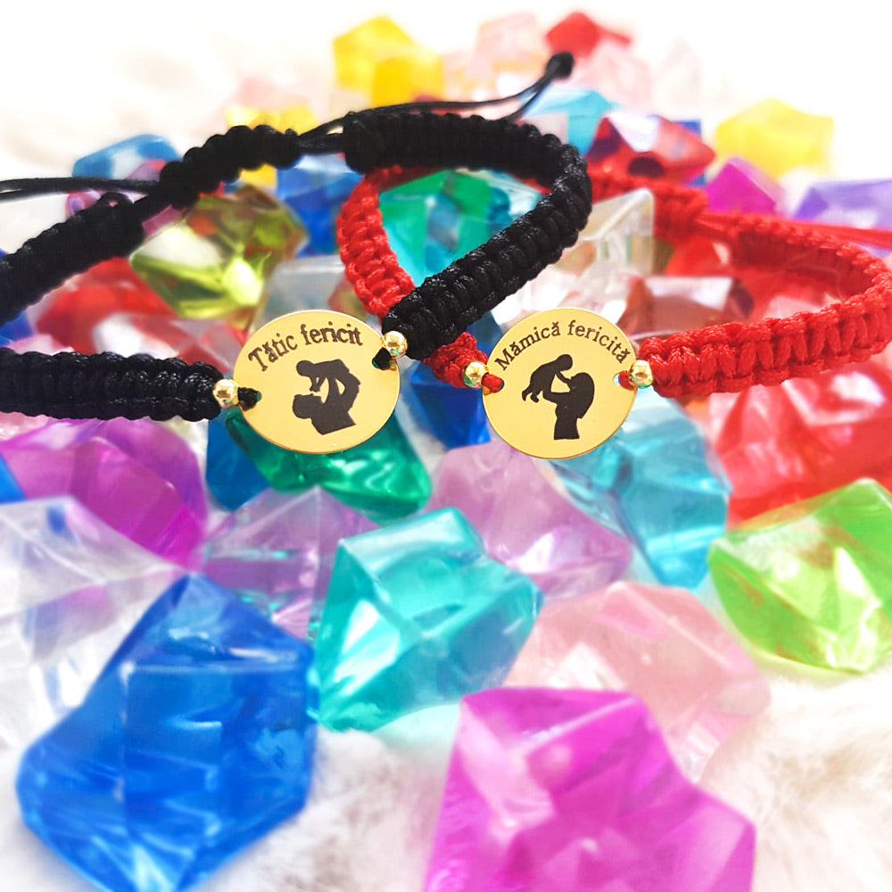 Set di Braccialetti Personalizzati - Felice Mamma e Papà - Argento Placcato con Oro 24K