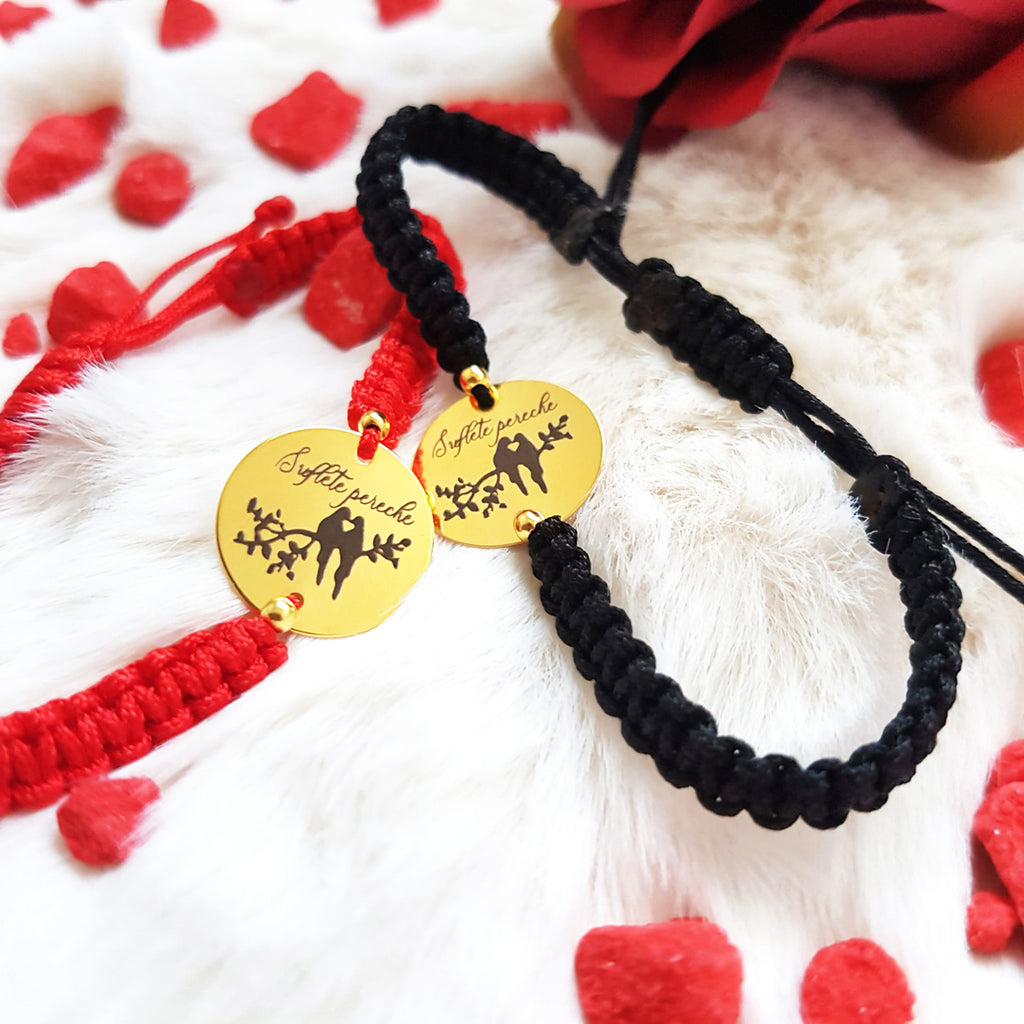 Set Bratari Impletite Personalizate Pentru Cuplu - Banut 16,50mm - "Suflete pereche" - Pandantive Argint Placat Cu Aur 24K